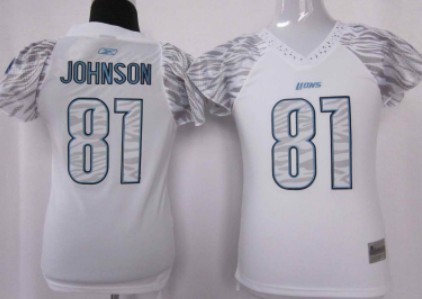 Detroit Lions #81 Calvin Johnson White Womens Zebra Field Flirt Fashion Jersey 