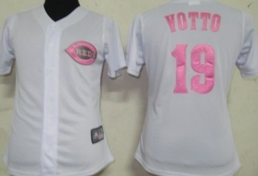 Cincinnati Reds #19 Joey Votto White With Pink Womens Jersey 