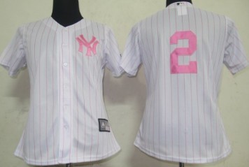 New York Yankees #2 Derek Jeter White With Pink Pinstripe Womens Jersey