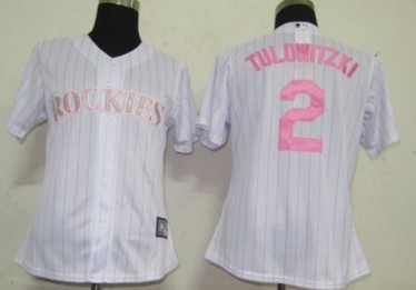 Colorado Rockies #2 Tulowitzki White With Pink Pinstripe Womens Jersey 