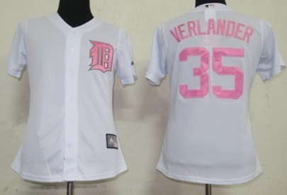 Detroit Tigers #35 Verlander White With Pink Womens Jersey 