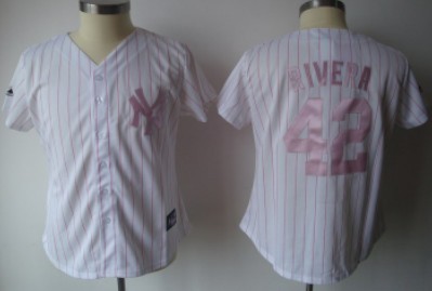 New York Yankees #42 Rivera White With Pink Pinstripe Womens Jersey