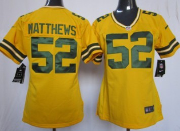 Nike Green Bay Packers #52 Clay Matthews Yellow Game Womens Jersey 