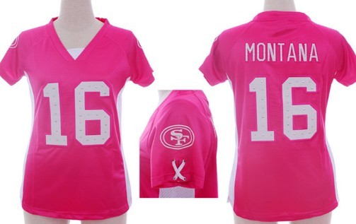 Nike San Francisco 49ers #16 Joe Montana 2012 Pink Womens Draft Him II Top Jersey 