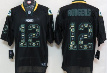 Nike Green Bay Packers #12 Aaron Rodgers Lights Out Black Ornamented Elite Jersey 