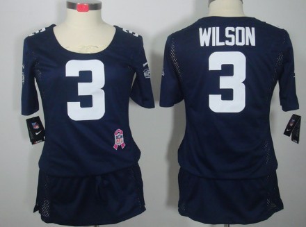 Nike Seattle Seahawks #3 Russell Wilson Breast Cancer Awareness Navy Blue Womens Jersey