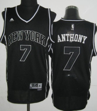 New York Knicks #7 Carmelo Anthony Revolution 30 Swingman All Black With White Jersey