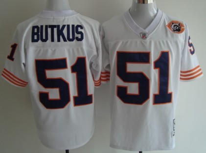 Chicago Bears #51 Dick Butkus White Throwback With Bear Patch Jersey 