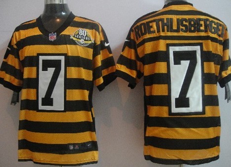 Nike Pittsburgh Steelers #7 Ben Roethlisberger Yellow With Black Throwback 80TH Jersey 