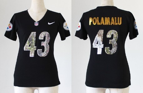 Nike Pittsburgh Steelers #43 Troy Polamalu Handwork Sequin Lettering Fashion Black Womens Jersey