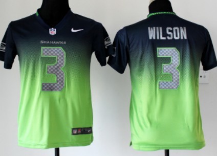 Nike Seattle Seahawks #3 Russell Wilson Navy Blue/Green Fadeaway Kids Jersey 