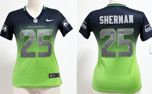 Nike Seattle Seahawks #25 Richard Sherman Navy Blue/Green Fadeaway Womens Jersey 