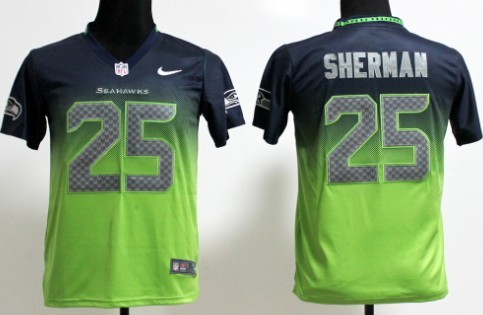 Nike Seattle Seahawks #25 Richard Sherman Navy Blue/Green Fadeaway Kids Jersey 