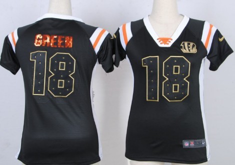 Nike Cincinnati Bengals #18 A.J. Green Drilling Sequins Black Womens Jersey