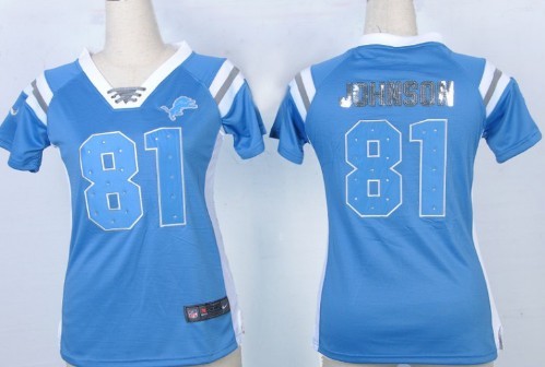 Nike Detroit Lions #81 Calvin Johnson Drilling Sequins Blue Womens Jersey