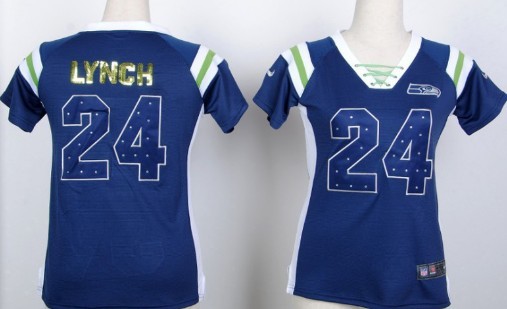 Nike Seattle Seahawks #24 Marshawn Lynch Drilling Sequins Blue Womens Jersey