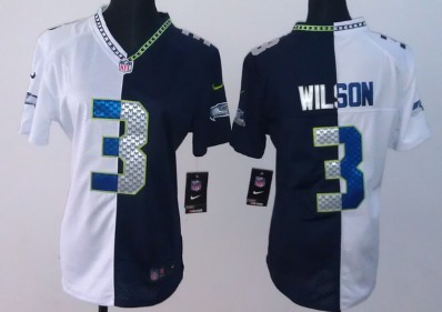 Nike Seattle Seahawks #3 Russell Wilson White/Navy Blue Two Tone Womens Jersey 