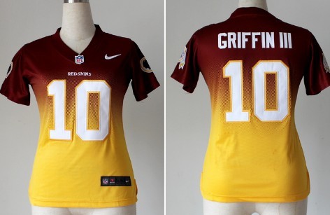 Nike Washington Redskins #10 Robert Griffin III Red/Gold Fadeaway Womens Jersey 