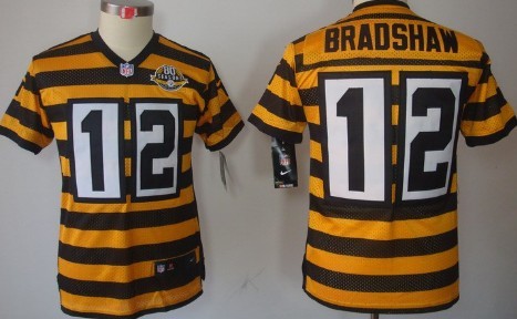 Nike Pittsburgh Steelers #12 Terry Bradshaw Yellow With Black Throwback 80TH Kids Jersey 