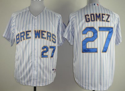 Milwaukee Brewers #27 Carlos Gomez White Pinstripe Jersey