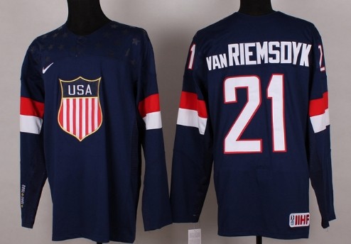 2014 Olympics USA #21 James van Riemsdyk Navy Blue Jersey 