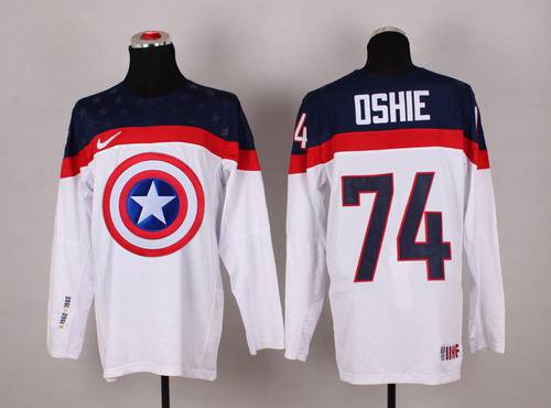 2015 Men's Team USA #74 T.J. Oshie Captain America Fashion White Jersey