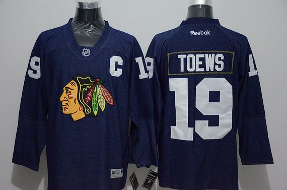 Men's Chicago Blackhawks #19 Jonathan Toews Navy Blue Denim Fabric Fashion Jersey