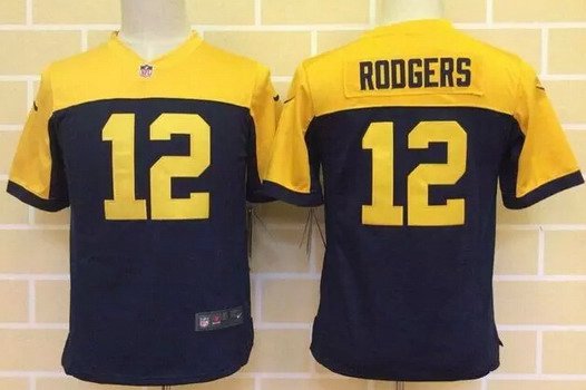 Youth Green Bay Packers #12 Aaron Rodgers Navy Blue Gold Alternate NFL Nike Game Jersey