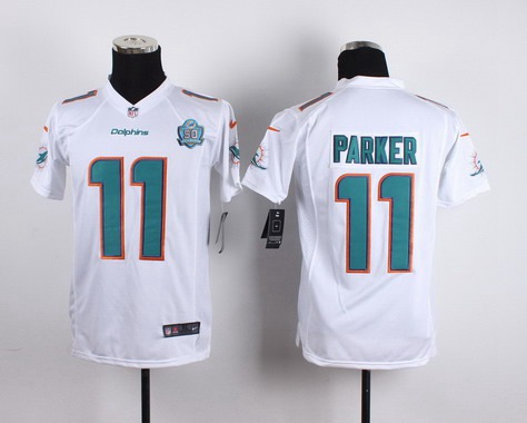 Youth Miami Dolphins #11 DeVante Parker White Road 2015 NFL 50th Patch Nike Game Jersey