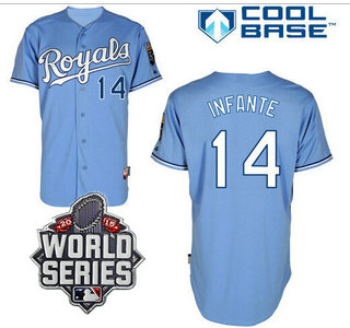 Men's Kansas City Royals #14 Omar Infante Light Blue Baseball Jersey With 2015 World Series Patch