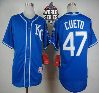 Men's Kansas City Royals #47 Johnny Cueto KC Blue Alternate Baseball Jersey With 2015 World Series Patch