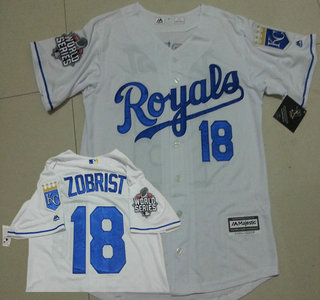 Men's Kansas City Royals #18 Ben Zobrist White Home Baseball Jersey With 2015 World Series Patch