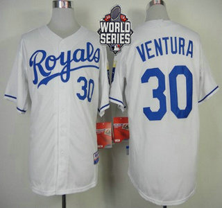 Men's Kansas City Royals #30 Yordano Ventura White Home Baseball Jersey With 2015 World Series Patch