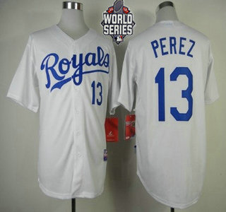 Men's Kansas City Royals #13 Salvador Perez White Home Baseball Jersey With 2015 World Series Patch