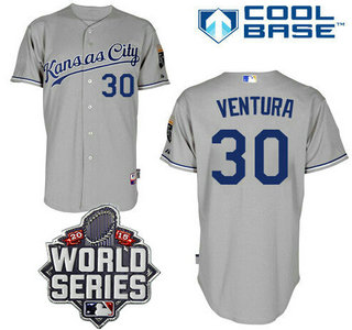 Men's Kansas City Royals #30 Yordano Ventura Gray Away Baseball Jersey With 2015 World Series Patch