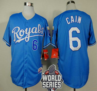 Men's Kansas City Royals #6 Lorenzo Cain Light Blue Alternate Baseball Jersey With 2015 World Series Patch