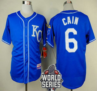 Men's Kansas City Royals #6 Lorenzo Cain KC Blue Alternate Baseball Jersey With 2015 World Series Patch