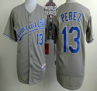 Men's Kansas City Royals #13 Salvador Perez Gray Away Baseball Jersey With 2015 World Series Patch