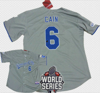 Men's Kansas City Royals #6 Lorenzo Cain Gray Away Baseball Jersey With 2015 World Series Patch