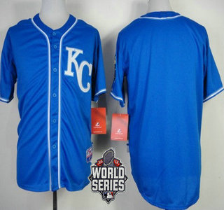 Men's Kansas City Royals Blank KC Blue Alternate Baseball Jersey With 2015 World Series Patch