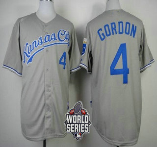 Men's Kansas City Royals #4 Alex Gordon Gray Away Baseball Jersey With 2015 World Series Patch