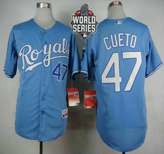 Men's Kansas City Royals #47 Johnny Cueto Light Blue Alternate Baseball Jersey With 2015 World Series Patch