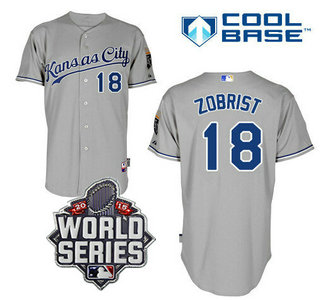 Men's Kansas City Royals #18 Ben Zobrist Gray Away Baseball Jersey With 2015 World Series Patch