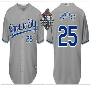 Men's Kansas City Royals #25 Kendrys Morales Gray Away Baseball Jersey With 2015 World Series Patch