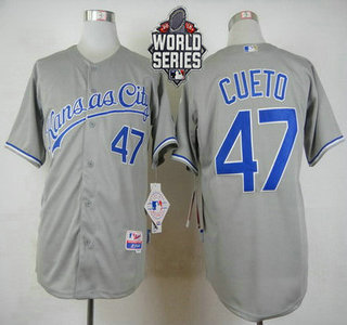 Men's Kansas City Royals #47 Johnny Cueto Gray Away Baseball Jersey With 2015 World Series Patch