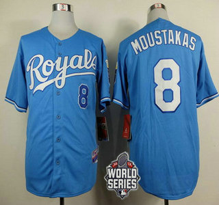 Men's Kansas City Royals #8 Mike Moustakas Light Blue Alternate Baseball Jersey With 2015 World Series Patch