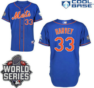 New York Mets Authentic #33 Matt Harvey Alternate Home Blue Orange Jersey with 2015 World Series Patch