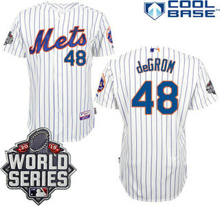 New York Mets Authentic #48 Jacob deGrom Home White Pinstripe Jersey with 2015 World Series Patch