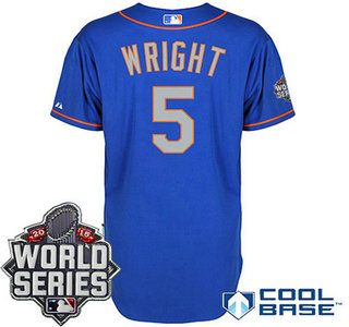 New York Mets Authentic #5 David Wright Alternate Road Blue Gray Jersey with 2015 World Series Patch