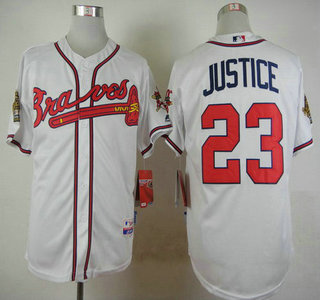 Atlanta Braves #23 David Justice Home White MLB Cool Base Jersey With 1995 World Series 30th Season Patch